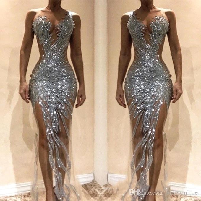 

gorgeous silver mermaid evening dresses sexy see through tulle bodice split long women occasion prom gowns bc0621, Gray