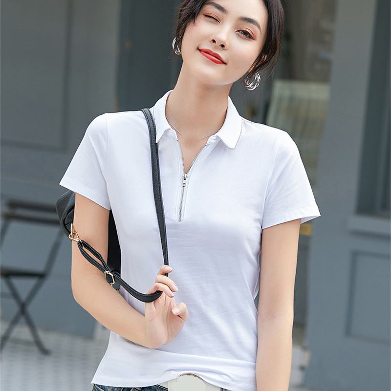 

Summer zipper-design 2020 Womens polos shirts Casual High quality Cotton short sleeve ladies lapel tees Fashion slim womens tops, Black