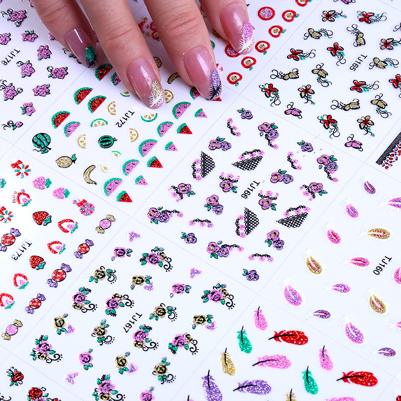 

colorful feather nail art accessories 3D Nail Art Stickers Sliders Flowers Leaves Geometry Adhesive Decals Decorations, 30pcs different
