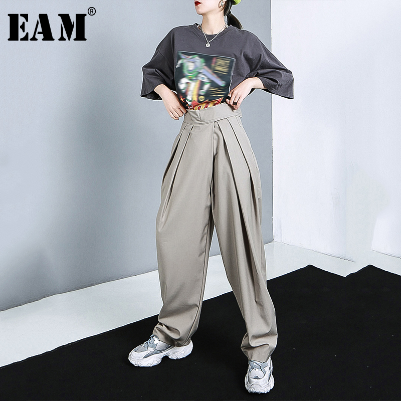 

EAM] High Waist Army Green Pleated Long Wide Leg Trousers New Loose Fit Pants Women Fashion Tide Spring Autumn 2020 1R774, Black