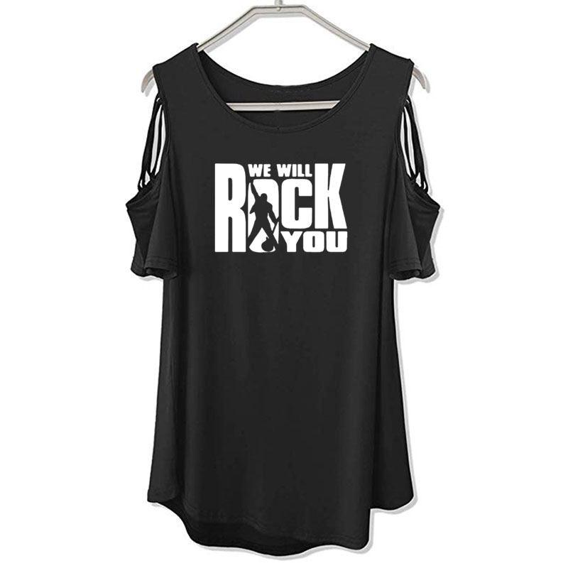 

Women' T-Shirt We Will Rock You Women T Shirt Summer Queen Band Short Sleeve Roll Womens Off Shoulder Hollow Femme Tops, 10