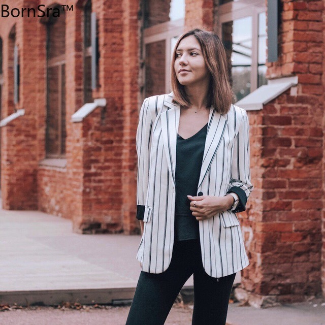 

BornSra Women Striped Blazer Autumn Female Work Jacket Vintage High Quality Fashion Office lady Blazers Feminino Black White