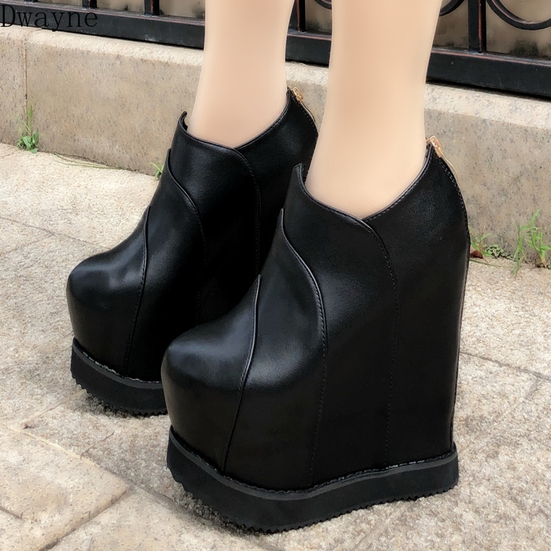 

15 Cm Super High Heels Waterproof Platform Women's Boots 2019 Increase Within Thick-Sole Wedges Ankle Boots Fashion Short, Black