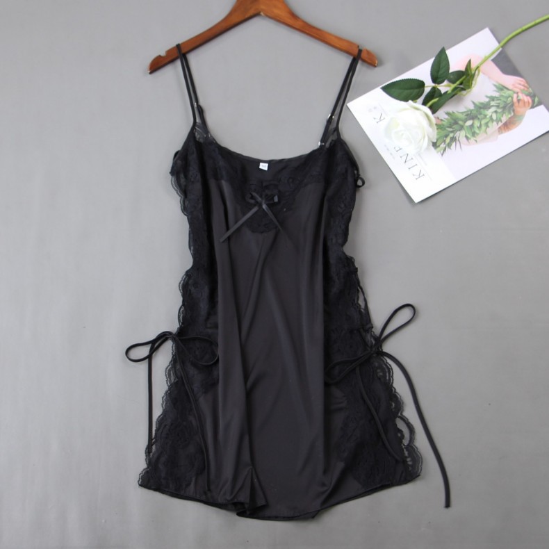 

Sexy Spaghetti Strap Nightgown Female Satin Nightdress Lace Patchwork Intimate Lingerie Nightwear Hollow Out Home Dressing Gown, Red