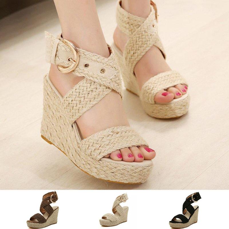

Women Ladies Fashion Casual Big Size Buckle Wedges Sandals Roman Shoes, Brown