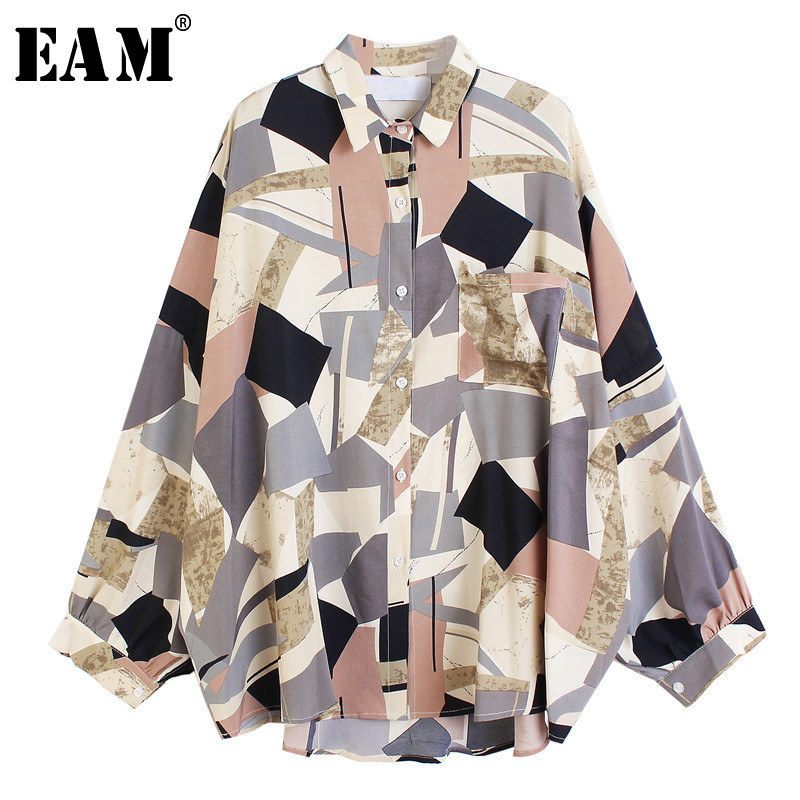 

[EAM] Women Blue Pattern Printed Big Size Blouse New Lapel Long Sleeve Loose Fit Shirt Fashion Tide Spring Summer 2020 1U400