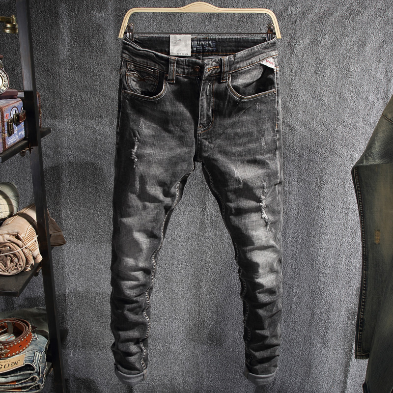 

Fashion Streetwear Men Jeans Black Gray Slim Fit Destroyed Ripped Jeans Men Elastic Punk Pants Vintage Designer Hip Hop