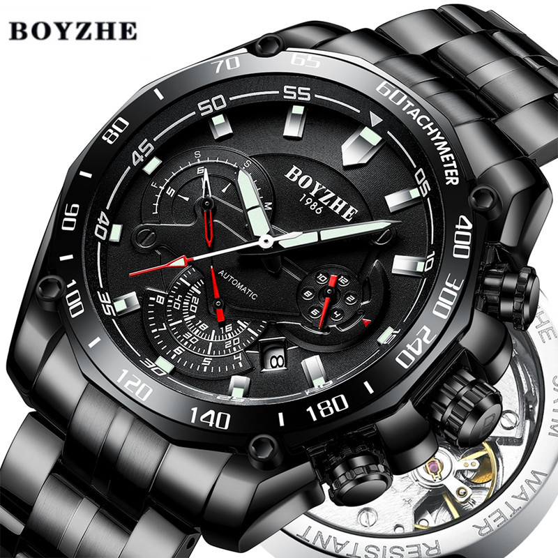 

BOYZHE 2019 Men Automatic Mechanical Watch Luminous Luxury Brand Black Military Sport Stainless Steel Watches Relogio Masculino LY191213, White