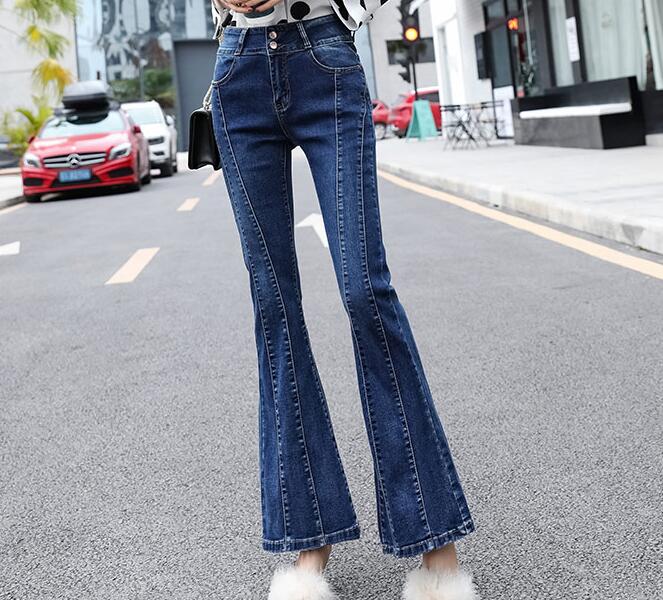 

New fashion spring autumn cotton blend flare jeans casual plus size high waist pants women denim trousers slimming tyn2001, Blue