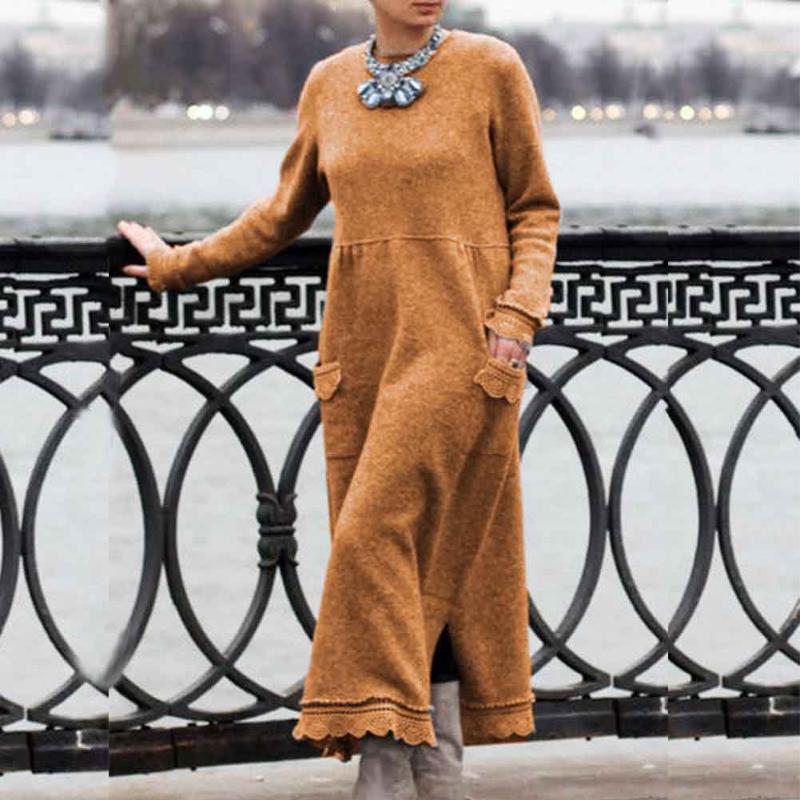 

Casual Autumn Winter Maxi Loose Fashion Street Warm With Pockets Vintage Pullover Solid Women Knitted Dress Long Sleeve, Wine red