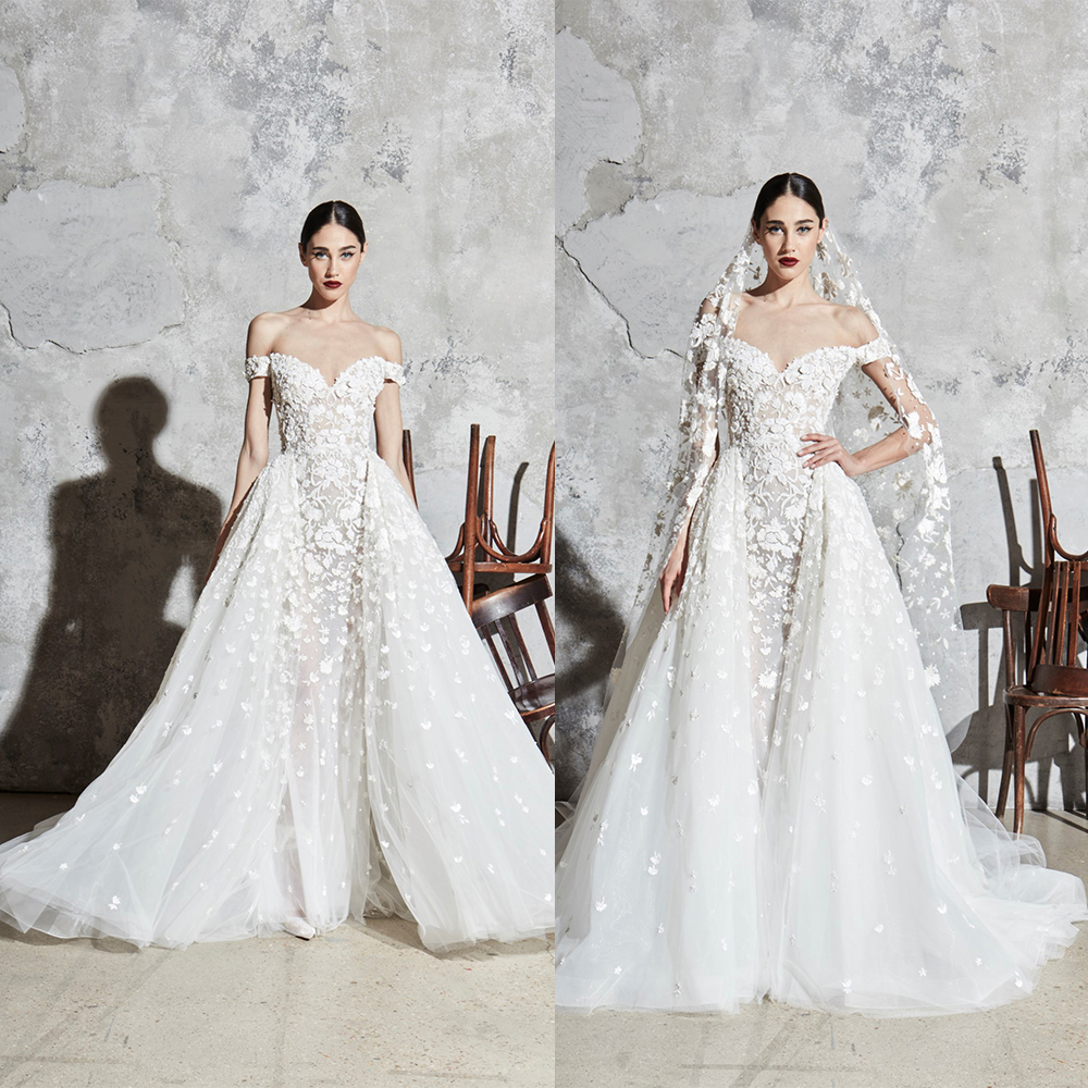 

Elegant Zuhair Murad Mermaid Wedding Dresses With Detachable Train Off Shoulder Sleeveless Lace Wedding Gown Sweep Train robe de mariée, Green