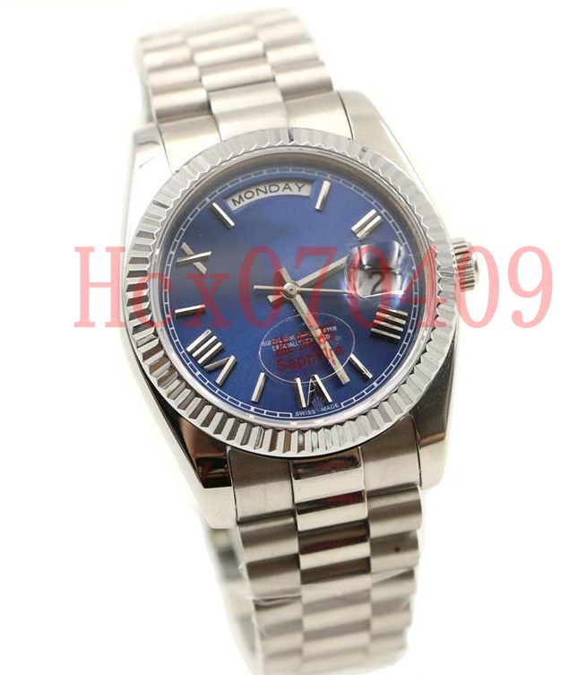 

Mens Watch 36mm Blue Dial President Day-Date Sapphire Cystal Men Watches Automatic Mechanical Silver Stainless Steel, Slivery;brown