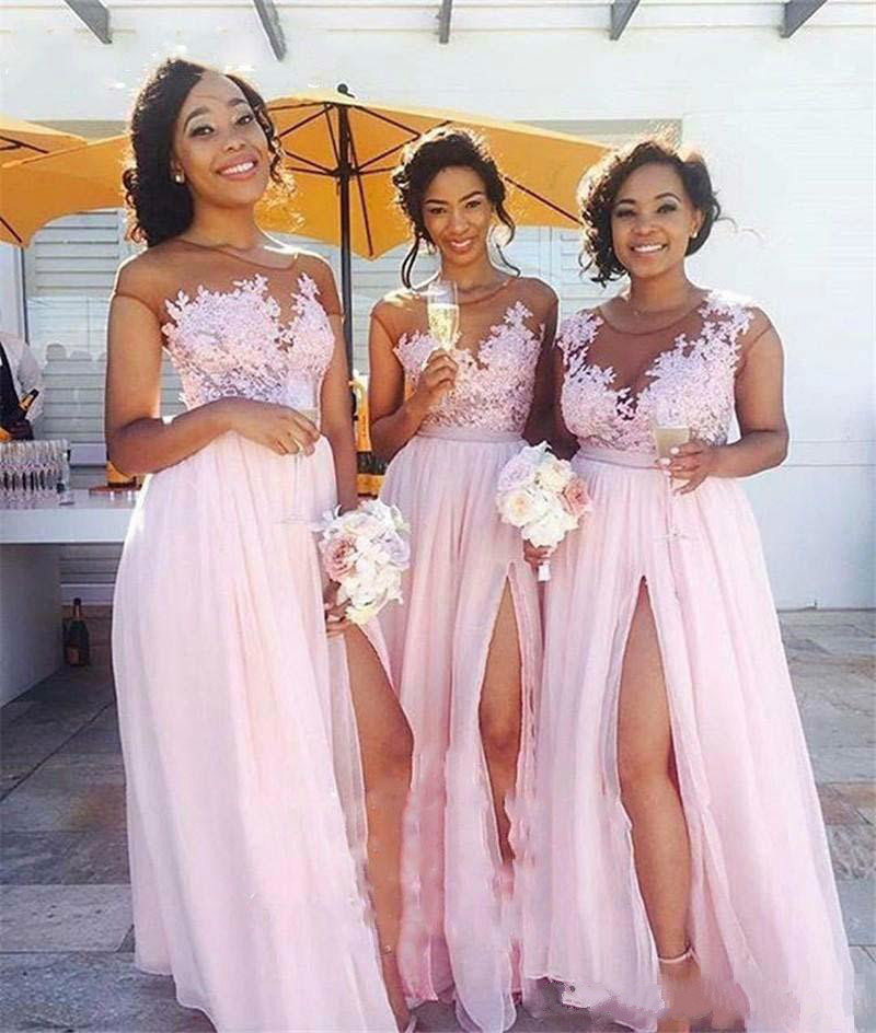 Pink Country Bridesmaid Dress Illusion Long Chiffon Vintage Lace Cap Sleeves Split Maid of Honor Gowns Plus Size