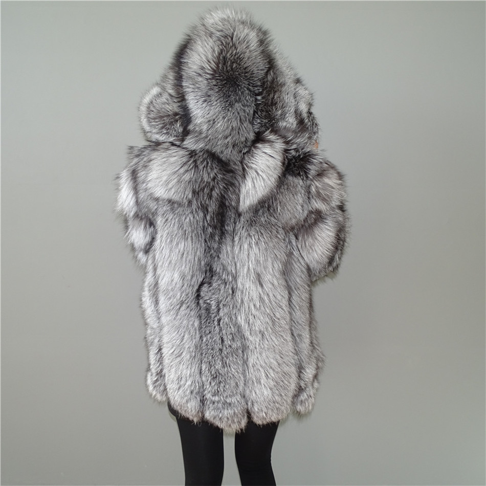 

Custom Real Silver Fur Vertical stripes patchwork leather stripe hooded coat outwear long jacket winter parka Winter Trench
