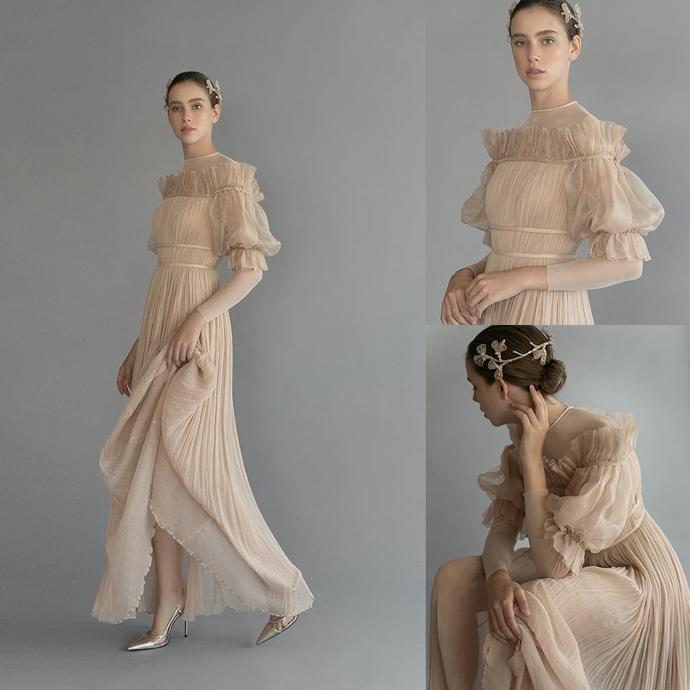 

Modern A Line Chana Mareius Prom Dresse High Neck Long Sleeve Chiffon Crystal Ruched Party Dress Floor Length robes de soirée, Light sky blue