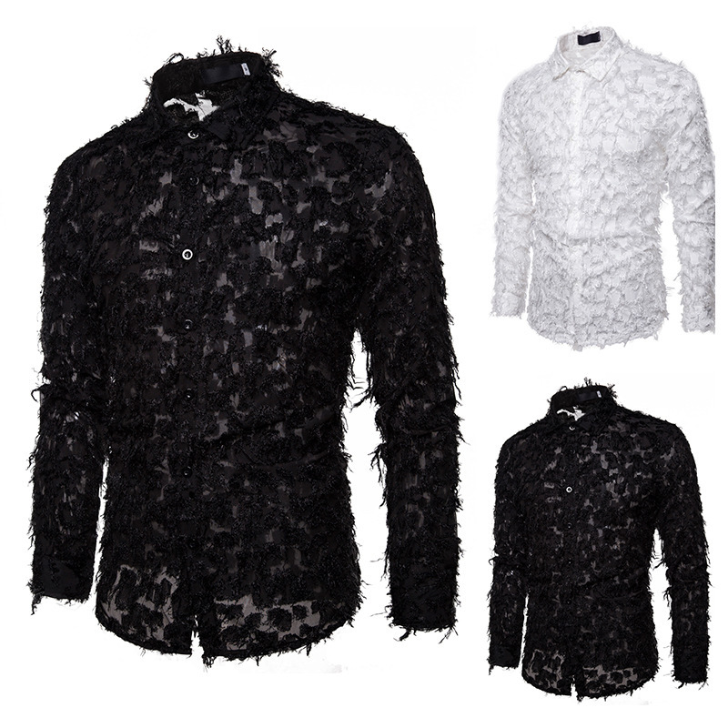2020 Spring Newest Long Sleeve Men's Shirt Handmade Three-dimensional Feather Lapel Long Sleeve Shirt Men Clothes 2020