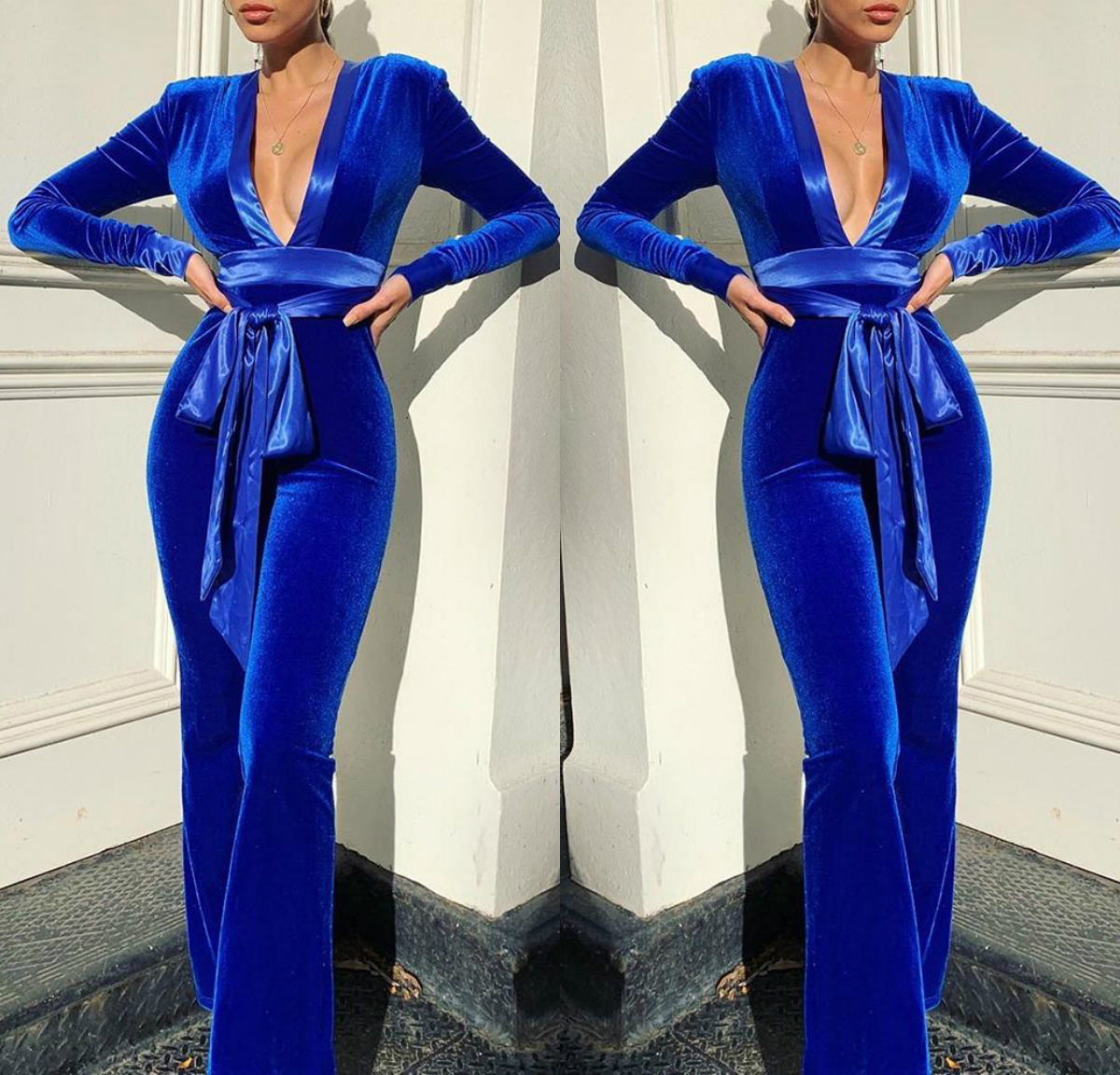 

Plus Size Women Jumpsuit Royal Blue Deep V Neck Belt Velvet Prom Dresses Custom Made Long Sleeve Formal Evening Gowns, Dark green