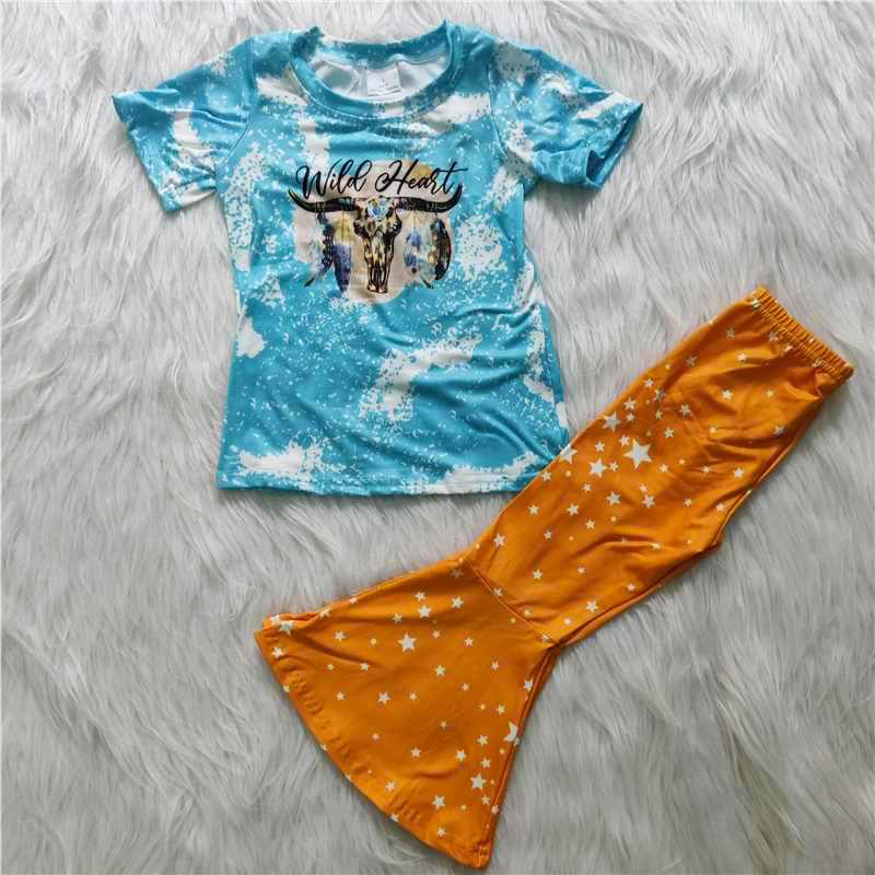 Nouvelles filles Boutique vêtements ensemble vache imprimé offre spéciale T-shirt haut cloche bas tenues lait soie fille vêtements d'été tenues 2