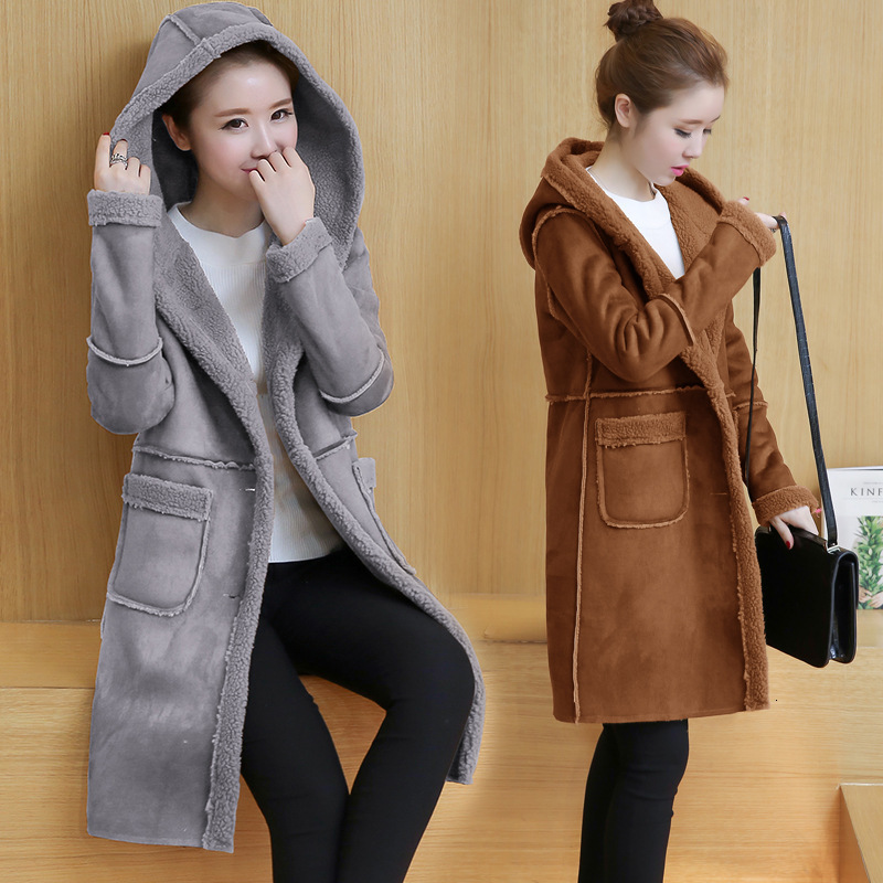 Winter Fall Women Fleece Lined Hooded Suede Long Coat Female Korean Loose Faux Leahter Jakcet Ladies Faux Fur Winterbreaker