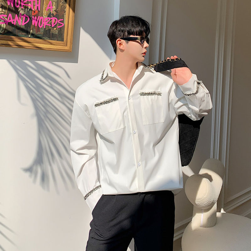 

Male Black White Dress Shirts Men Vitnage Fashion Patchwork Long Sleeve Casual Shirt Japan Korea Streetwear, S53 white