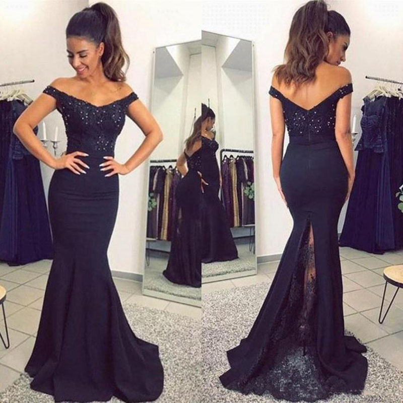 

2019 Navy Blue Mermaid Prom Dresses Long Off Shoulder Satin Sequined Beaded Lace Applique Sweep Train Zipper Back Long Evening Party Gowns, Dark navy