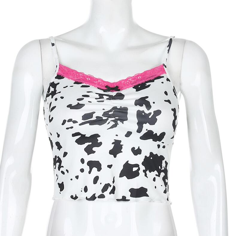 

Women' summer new cow print stitching navel short sexy camisole, Black