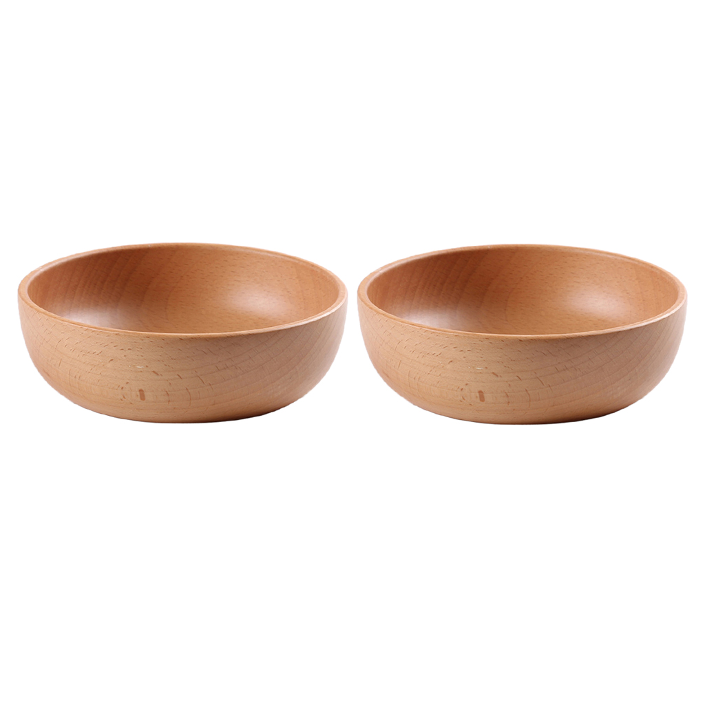 

set of 2, round rustic wooden bowl salad bowls dinner serving bowls for soup cereal rice noodles - 15cm