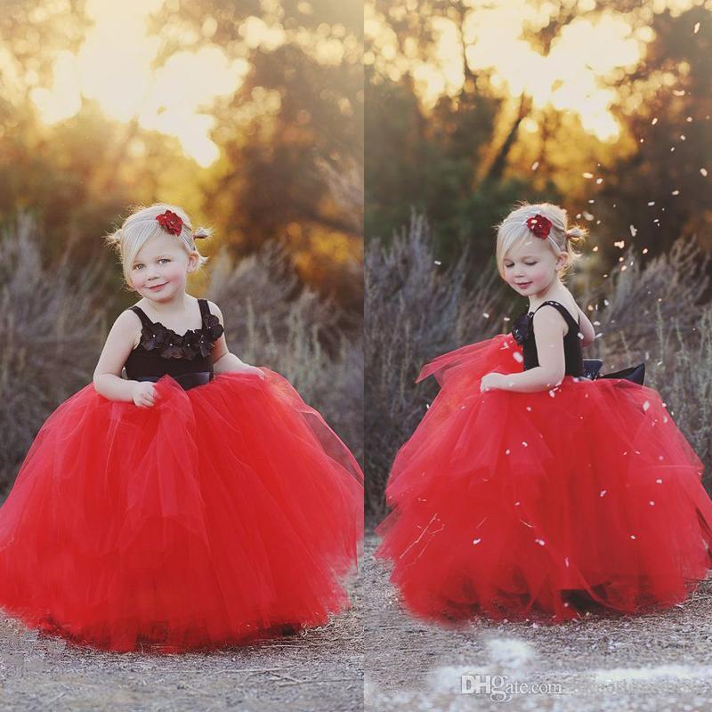 

Black Applique And Red tulle flower Girls Dresses Lovely Spaghetti Tutu Skirt Girls Birthday Party Dresses Free Shipping