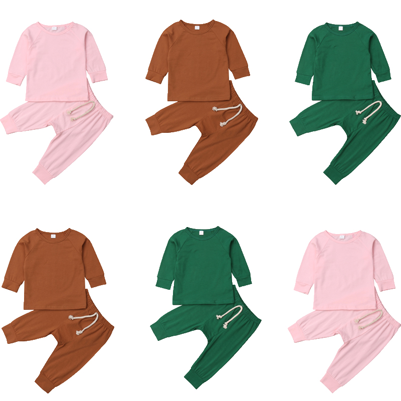 

Casual Newborn Baby Boy Girl Solid Color Long Sleeve Cotton T-shirt Tops Long Pant 2PCS Homewear Baby Clothing Set 2020, Brown