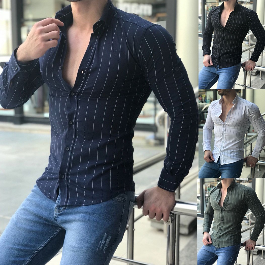 

ZOGAA 2019 Men; Dress Shirts Casual Slim Fit Long Sleeve Men Shirts Male Solid Plus Size 2XL British Style Mens Striped, Black