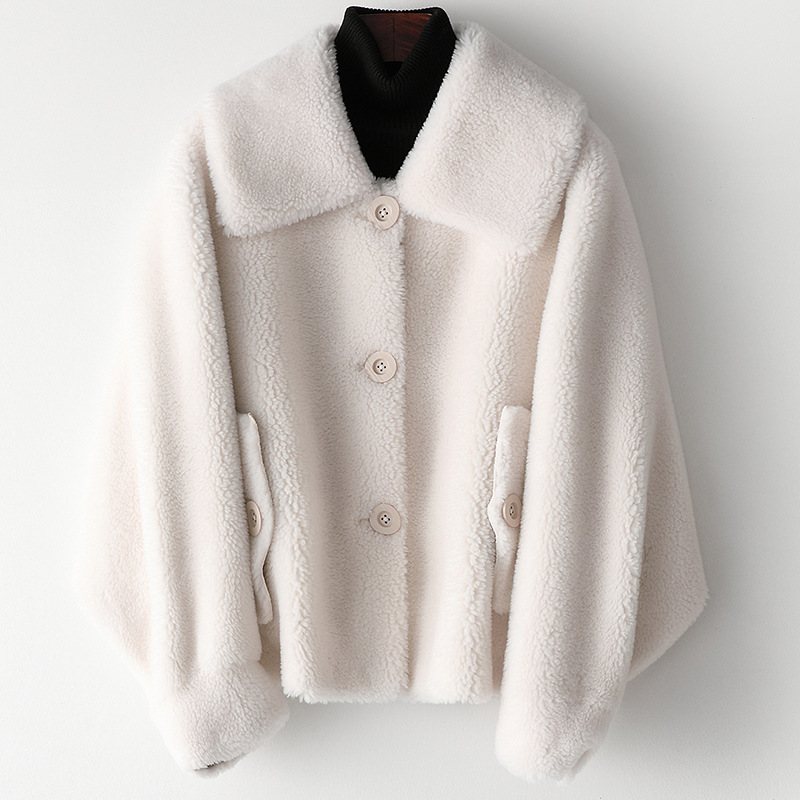 

Warm Fur Winter Coat Casual Wool White Overcoat Outerwear Fasion Sheepskin Women Jackets Real Fur Thick Turn-down Collar Coat, Beige