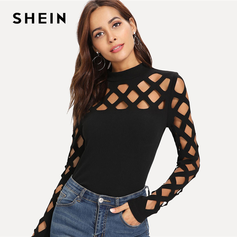

SHEIN Streetwear Party Elegant Sexy Workwear Square Cutout Shoulder Fitted Skinny Tee Autumn Women Office Lady T-shirt Top, Black