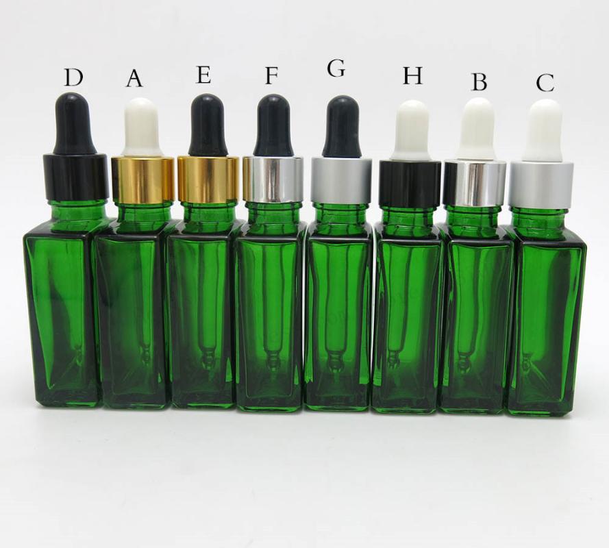 

12pcs/lot 30ml Cobalt green flat square glass bottle with aluminum dropper 1oz Empty glass dropper container
