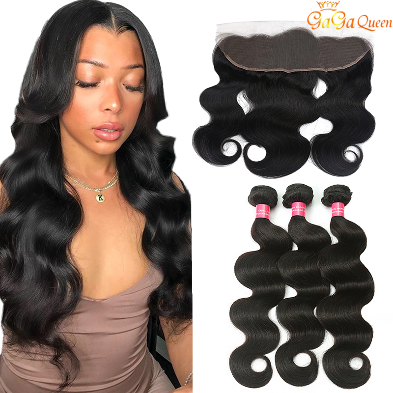

Unprocessed Brazilian Body Wave Hair Bundles With 13x4 Lace Frontal Ear to Ear Lace Frontal Closure With Human Hair Bundles, Natural black