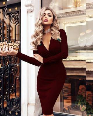 

AprilGrass Brand Designer Women Vintage Sexy Bodycon Slim Party Dress Long Sleeve Deep V Neck Solid Casual Elegant Dress Fashion Dress, Red