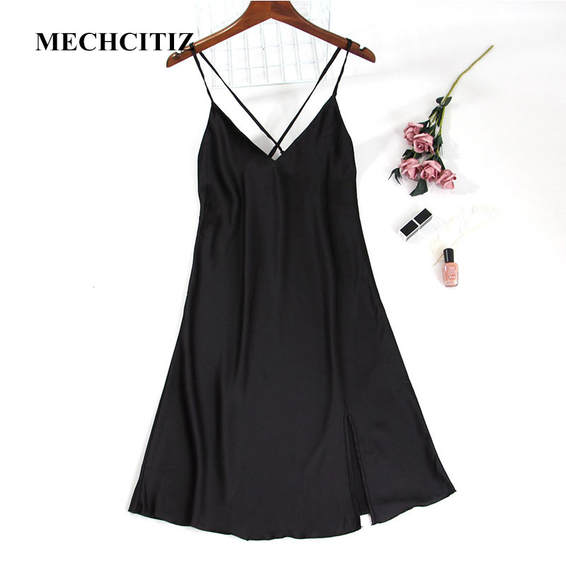 

MECHCITIZ 2019 Summer Women Sexy Nightgown Silk Lingerie Sleepwear V-Neck Home Dress Night Shirt Sleepwear Nightwear Sleepshirt, Black