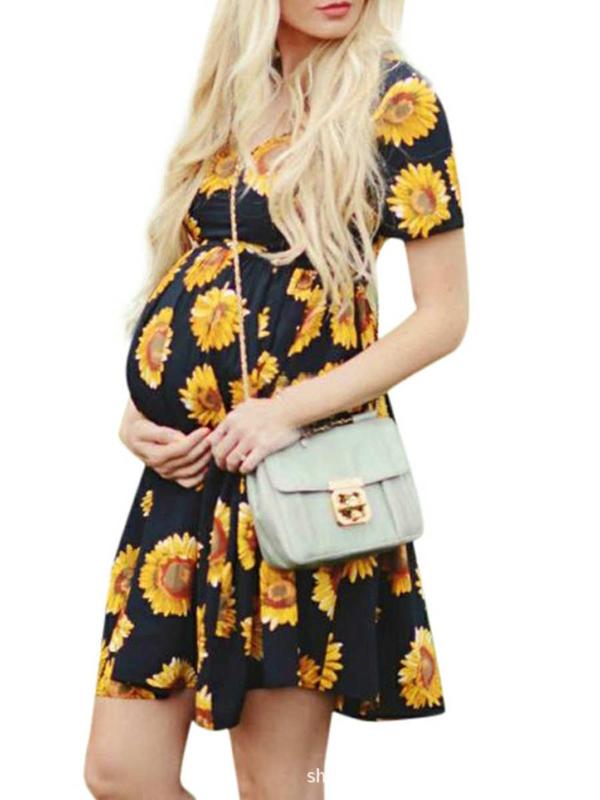 

Fashion Maternity Skirt Square Collar Sunflower A-line Skirt Fashion Printed Women's Maternity Dress Dresses, Black