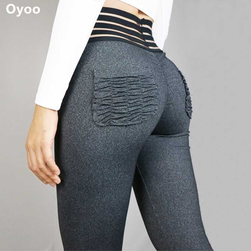 

Oyoo sexy bulift leggings high waist yoga pants with pocket mesh waistband booty pants cute fitness legging Ruched Activewear, Black