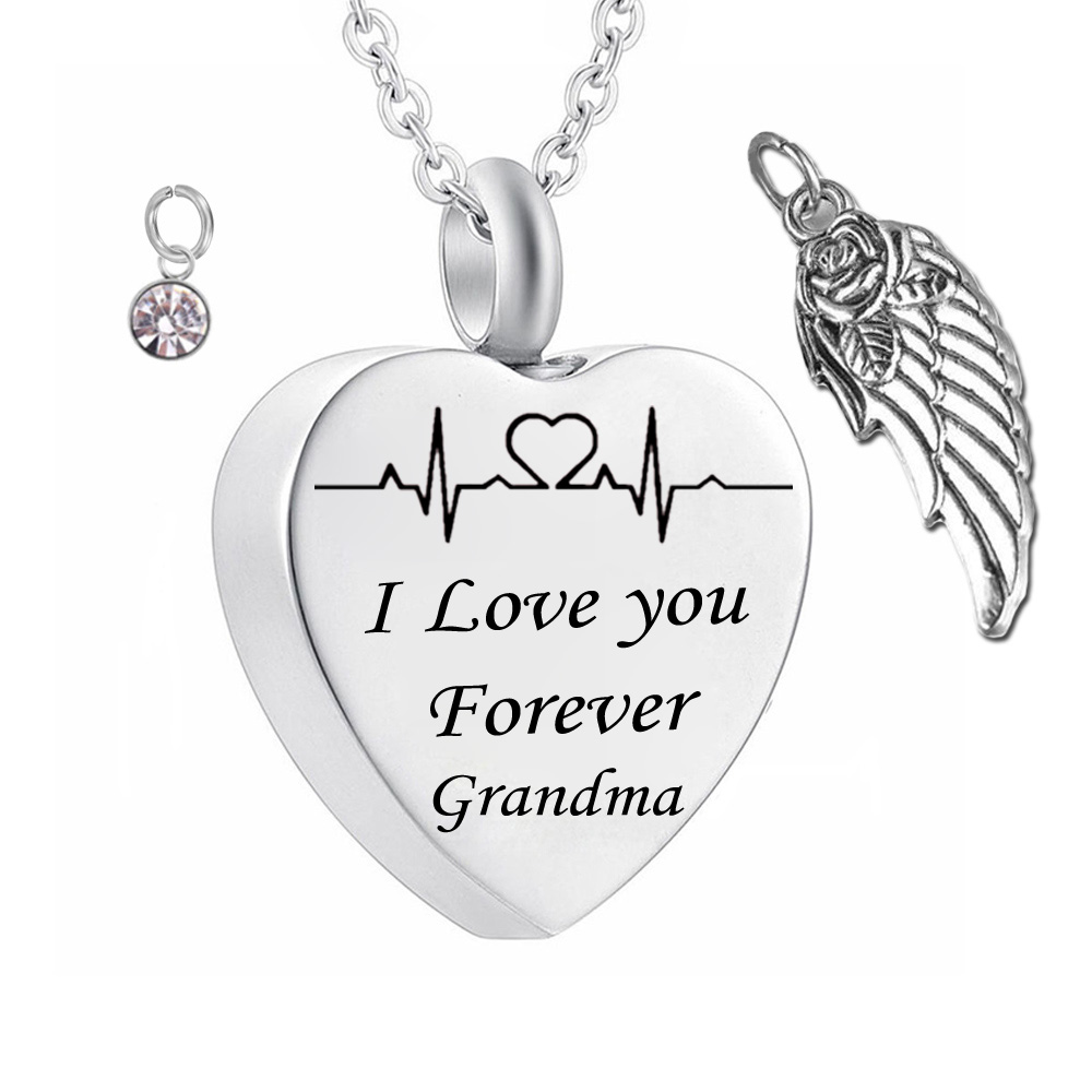

I love you forever grandma Birthstone Ashes heart Pendant Memorial Urn Necklace Angel Wing Stainless Steel Waterproof Cremation Jewelry