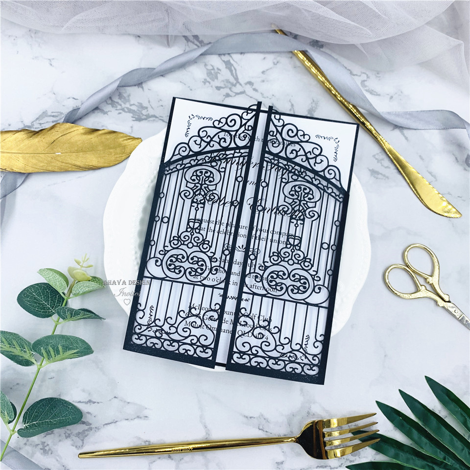 

Classic Shimmer Black And White Gate Fold Floral Laser Cut Wedding Invitations With Envelope And Printed Customized Insert, Another corlor