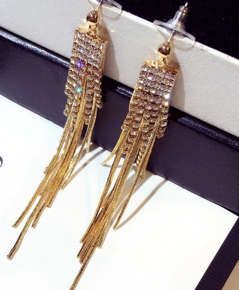 

Wholesale- glittering New trendy fashion luxury designer full diamonds rhinstone long tassel stud earrings for woman girls gold silver