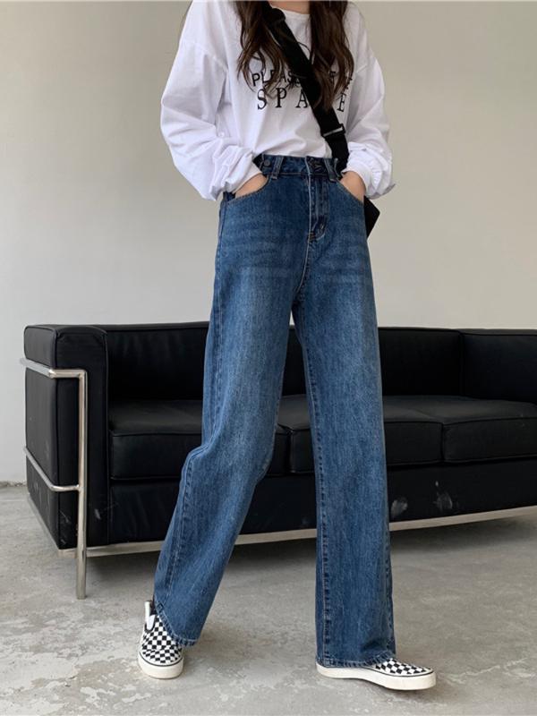 

Vintage Jeans For Women High Waist Denim Ladies Straight Loose Wide Leg Womens Jeans Korean Style All-match Pants, Black