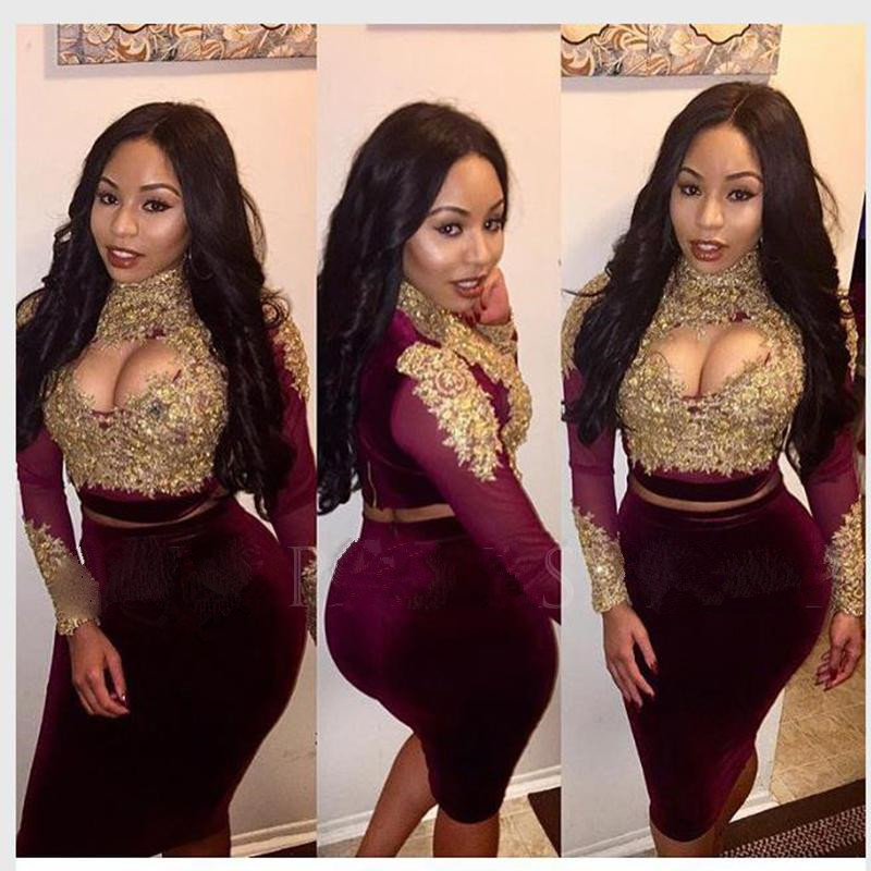 

High Collar Keyhole Sexy Cocktail Dresses with Gold Lace Applique Long Sleeves Evening Party Gowns Short Two Pieces Prom Dress, Huter green