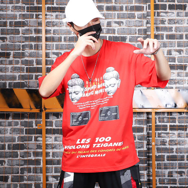 

Fashion Street Individual Letter Printing Loose Five-Sleeve tee Trendy Men's BF Style Hip-hop Student T-shirt Summer, Black