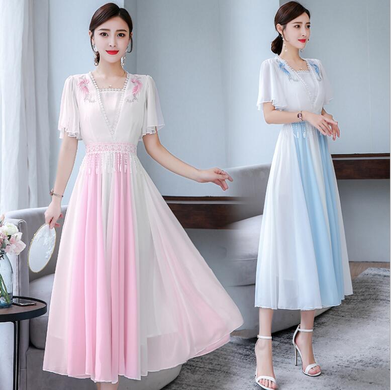 

Chinese style Cheongsam Blue White patchwork national style new women's dress in summer improved Hanfu slim fairy long dress pink blue