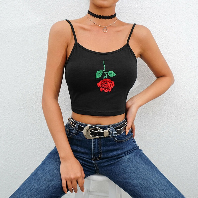 

Februaryfrost 2020 Women Sexy Floral Embroidery Crop Tops Cotton Sleeveless Straps Tank Top Lady Casual Black Tee Fitness Vest