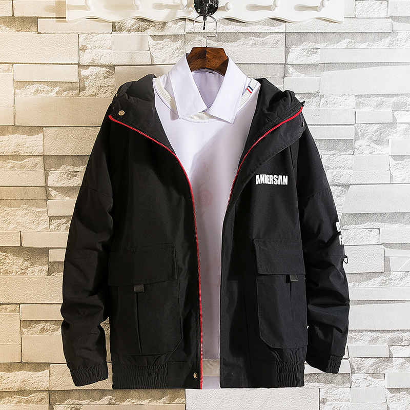 

Thoshine Brand Spring Autumn Style Men Hooded Jackets Zipper Pockets Male Fashion Letter Print Outerwear Coats Casual Jacket, Black