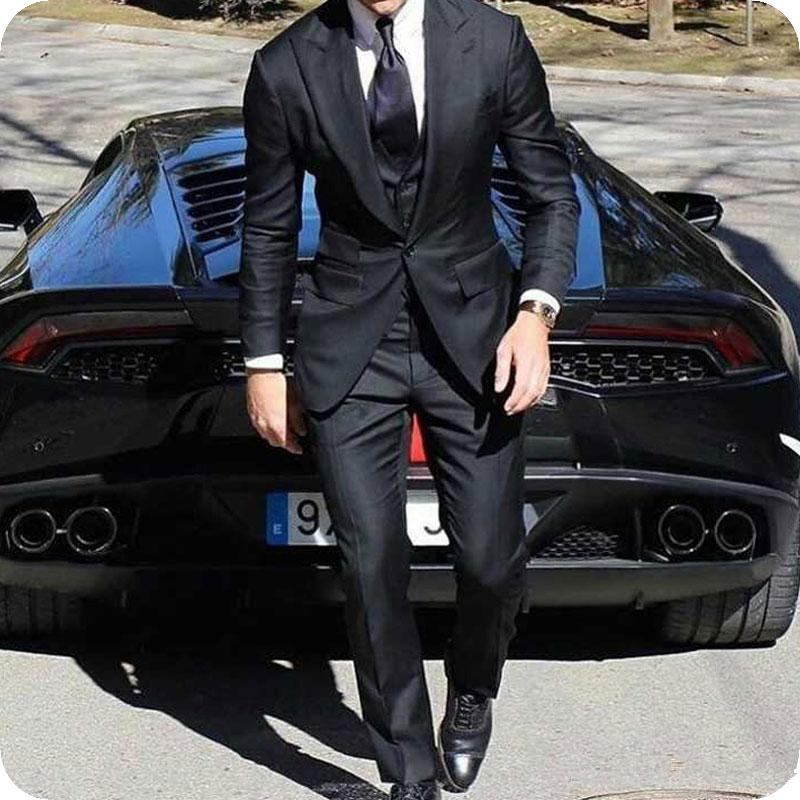 

Latest Peaked Lapel Men Suits for Wedding Black Groom Tuxedos trajes de hombre 3 Pcs Prom Party Costume Outfits Masculino