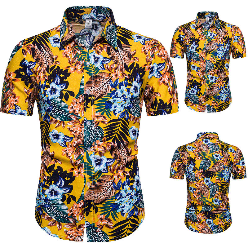

2020 Hawaiian Flower Shirt New Men's Casual Fashion Short Sleeve Lapel Shirt -3XL CS139, White;black