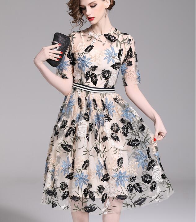 

Crew neck short sleeve sequin a-line skirt Heavy-duty embroidered mesh dress long skirt, Multi